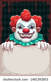 	
Creepy circus poster. Scary evil clown with paper banner in the hand. Halloween background.