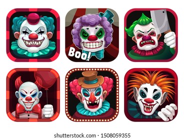 Creepy clown app icons set. Vector GUI assets.