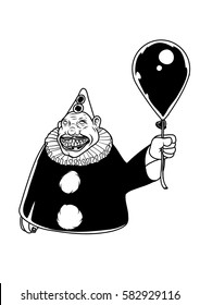 Creepy clown with a black balloon. Vector illustration