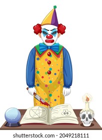 Creepy clown cartoon character on white background illustration
