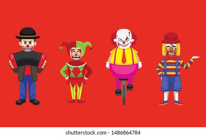 Creepy Clown Character Cartoon Vector Illustration Set 2