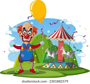 Creepy clown with circus carousel background illustration