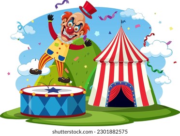 Creepy clown with circus tent background illustration