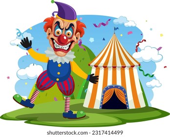 Creepy clown with circus tent background illustration