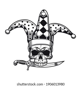 Creepy clown emblem design. Monochrome element with skull in jokers cap and dagger vector illustration. Horror and evil concept for symbols or tattoo templates