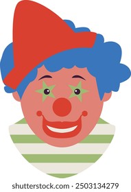 Creepy Clown Face with Flat Cartoon Design. Vector Illustration