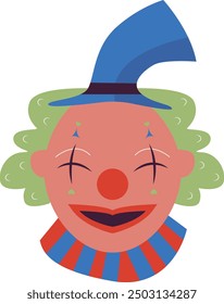Creepy Clown Face with Flat Cartoon Design. Vector Illustration