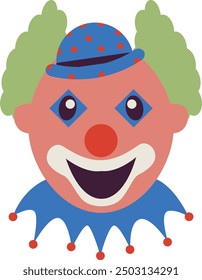Creepy Clown Face with Flat Cartoon Design. Vector Illustration