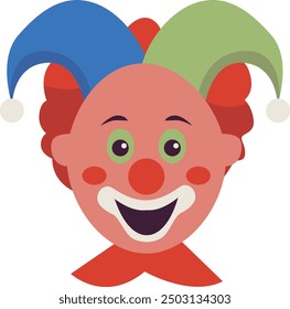 Creepy Clown Face with Flat Cartoon Design. Vector Illustration