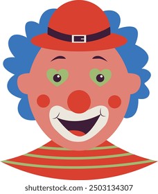 Creepy Clown Face with Flat Cartoon Design. Vector Illustration