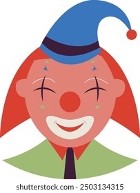 Creepy Clown Face with Flat Cartoon Design. Vector Illustration