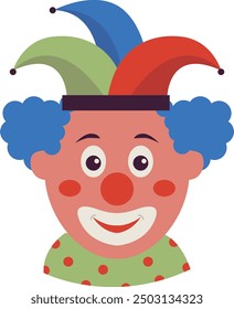 Creepy Clown Face with Flat Cartoon Design. Vector Illustration
