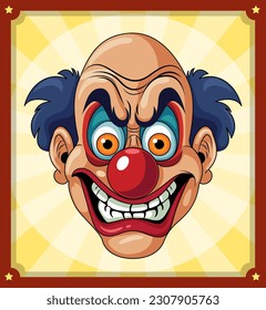 Creepy clown face on retro comic background illustration