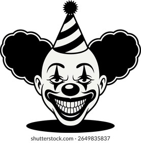 Rosto de palhaço assustador com silhueta de chapéu de festa e boca grinning larga