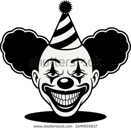 Creepy clown face with party hat silhouette and wide grinning mouth