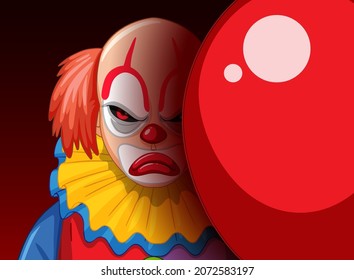 Creepy clown face peeking out from behind balloon illustration