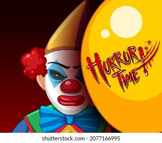 Creepy clown face peeking out from behind balloon illustration