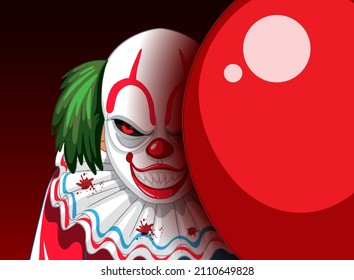 Creepy clown face peeking out from behind balloon illustration