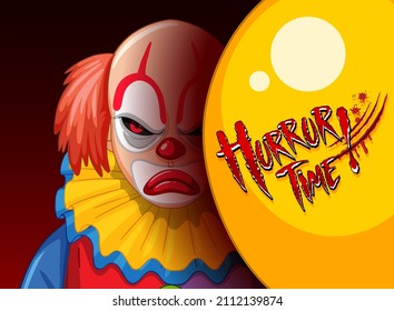 Creepy clown face peeking out from behind balloon illustration