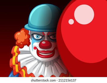 Creepy clown face peeking out from behind balloon illustration