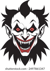 Creepy clown face with a sinister smile silhouette on white background