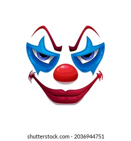 Creepy Clown Face Vector Icon, Smiling Funster Mask With Makeup, Red Nose, Lips And Angry Eyes. Scary Smiling Halloween Character Emoticon, Isolated Horror Creature Emoji