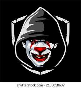 Creepy clown faces with hoodie and shield, Design element for logo, poster, card, banner, emblem, t shirt. Vector illustration