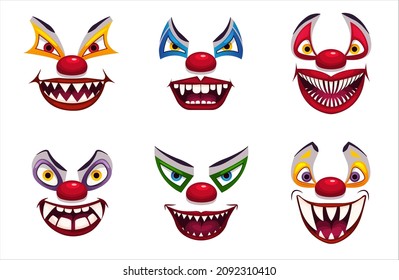 Creepy clown faces. Isolated on white. Scary circus concept. Vector illustration EPS10