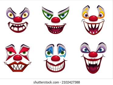 Creepy clown faces. Isolated on white. Scary circus concept. Vector illustration EPS10