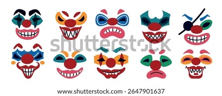 Creepy clown faces. Spooky makeup, evil circus joker characters, creepy halloween holiday masks, cartoon monster, terrible grins, crazy and angry emotions, horror person, garish vector set