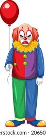 Creepy clown holding balloon on white background illustration