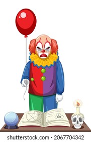 Creepy clown holding balloon on white background illustration