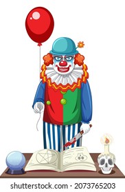 Creepy clown holding balloon on white background illustration