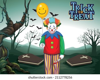 Creepy clown holding balloon on dark cemetery forest background illustration