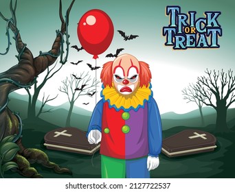 Creepy clown holding balloon on dark cemetery forest background illustration