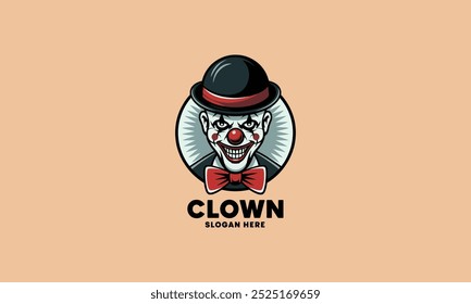 Gruseliges Clown-Logo mit einem finsteren Grinsen, das einen Hut trägt.