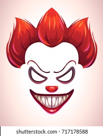 Creepy clown mask. Vector angry Joker face elements for scary photo decoration.