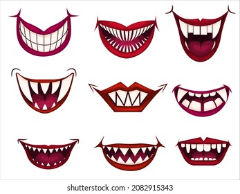 Creepy clown mouths set. Scary evil clown smile. Vector icons set. Vector illustration EPS10