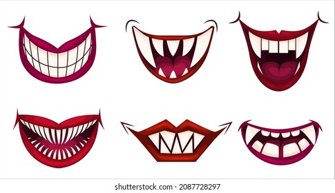 Creepy clown mouths set. Scary evil clown smile. Vector icons set. Vector illustration EPS10