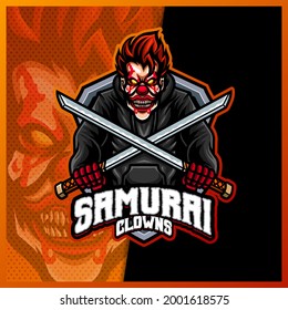 Creepy Clown Samurai mascot esport logo design illustrations vector template, Cross Sword logo for team game streamer, full color cartoon style