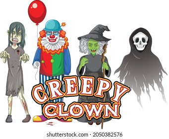 Creepy Clown Text Design With Halloween Ghost Characters Illustration