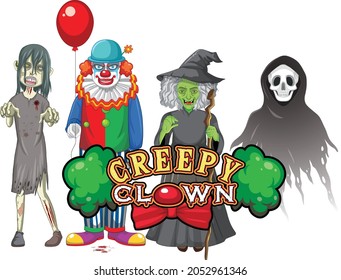 Creepy Clown text design with Halloween ghost characters illustration