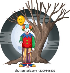 Creepy clown with tree on full moon background illustration
