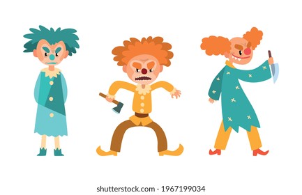 Creepy Clowns Set, Angry Jeste Characters in Colorful Costumes with Knife and Axe Cartoon Vector Illustration