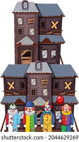 Creepy clowns standing in front of an abandoned building illustration