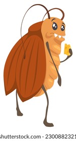 Creepy cockroach character eating piece of cheese vector illustration. Cartoon bad pest funny character isolated on white background