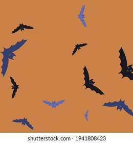 Creepy Colorful Night Violet Sky Bats Vector Design Pic. Purple Gothic Orange Attack Halloween Modern Design. Print Black Retro Scary Flying Bats Art Pattern. Motion Chaos Eyes Spooky Background.