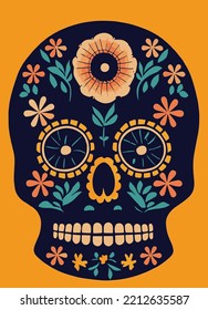 A creepy colourful illustration portrait of a skull for "dia de los muertos", "Day of the dead".
