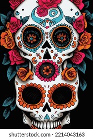 A creepy colourful illustration portrait of a skull for "dia de los muertos", "Day of the dead".