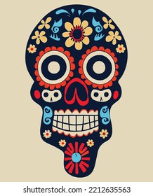 A creepy colourful portrait illustration of a Calaverita, skull for "dia de los muertos", "Day of the dead". 